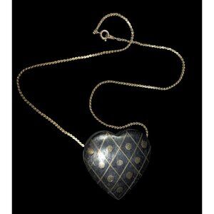 Vintage Wooden Heart Pendant Necklace With Brass Inlay